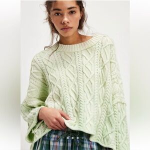 Free People Washed Ashore Cable Knit Sweater Candy Mint Oversized Size M/L